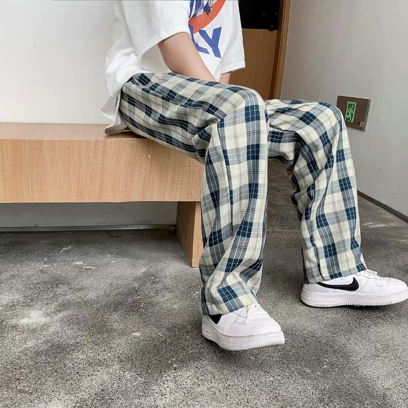 夏款男休闲裤格子抽绳宽松直筒九分裤h30 P30图片