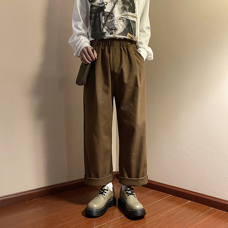 港风春款男裤松紧腰纽扣装饰韩版宽松直筒长裤h9020图片