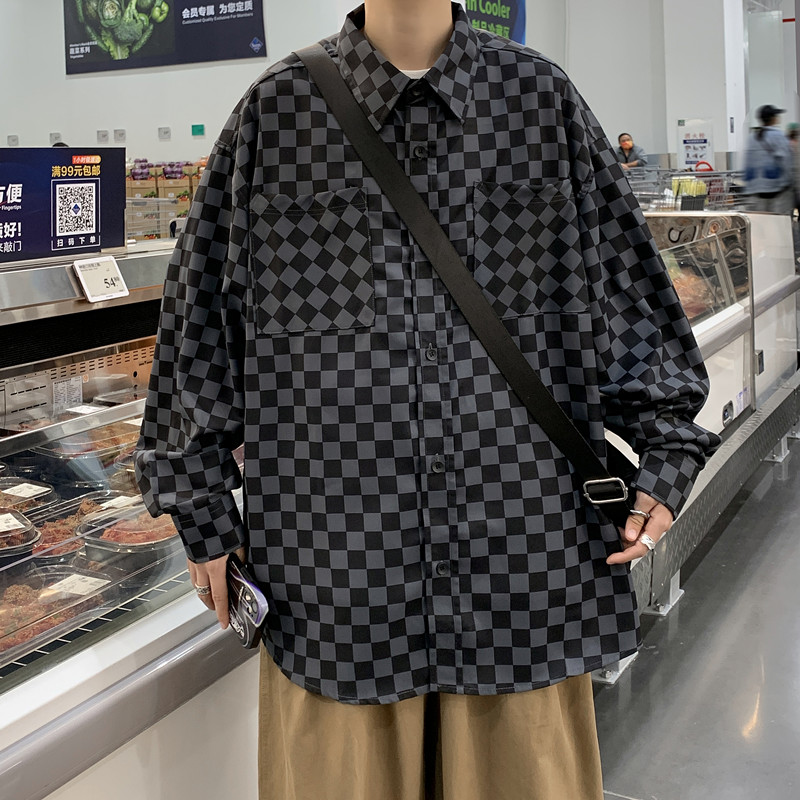 2022港风春款男长袖衬衫棋盘格百搭休闲衬衣CS18,男装衬衫,星座1013-1