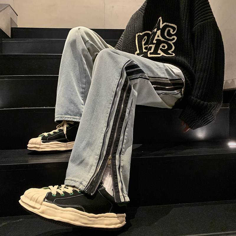 2023春款男牛仔裤宽松条纹拼接侧边拉链宽松直筒长裤nk31P60,男装牛仔裤,星座1013-1