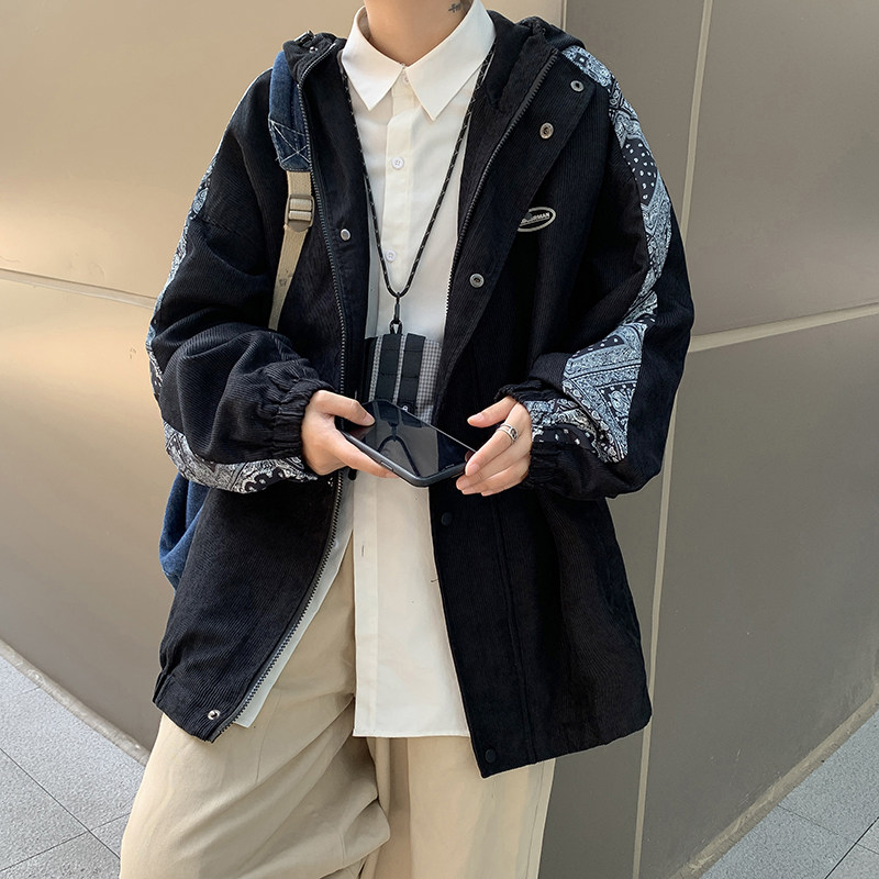 秋冬男夹克腰果印花拼接连帽宽松j加厚青少年夹克衫外套J,男装夹克,星座1013-1