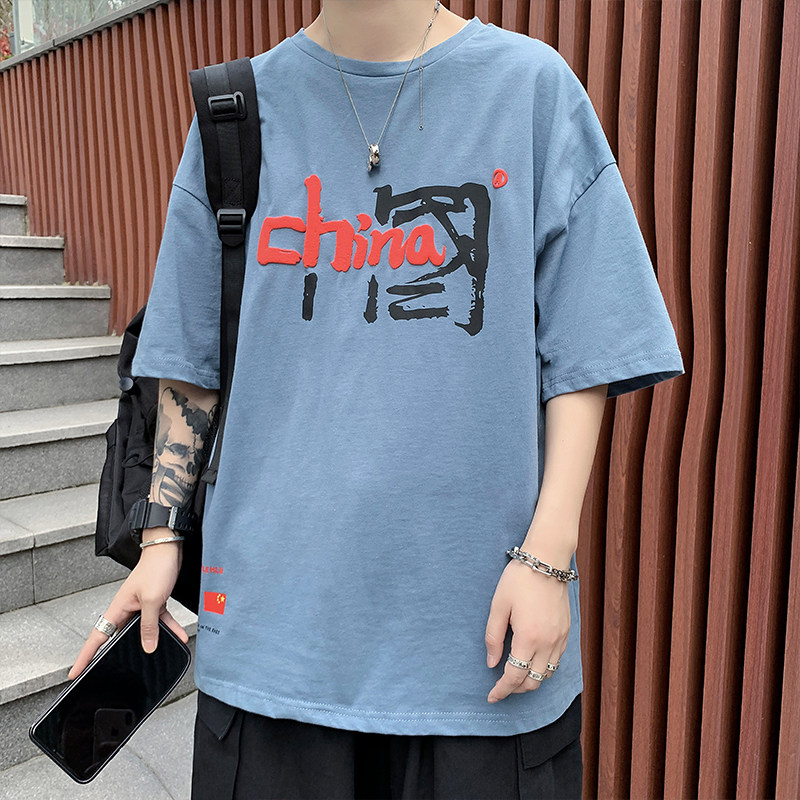 夏男短袖T恤风旗图案字母印花休闲五分袖T恤衫T65,男装T恤,星座1013-1