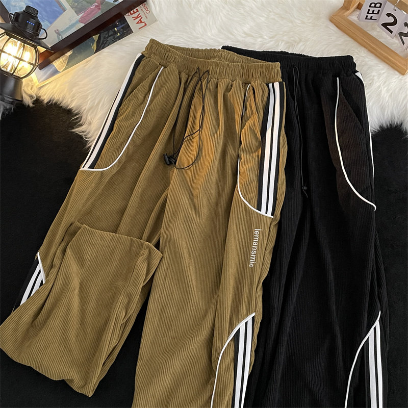 港风夏款男裤灯芯绒字母印花条纹拼接宽松直筒长裤h782P45,男装休闲裤,星座1013-1