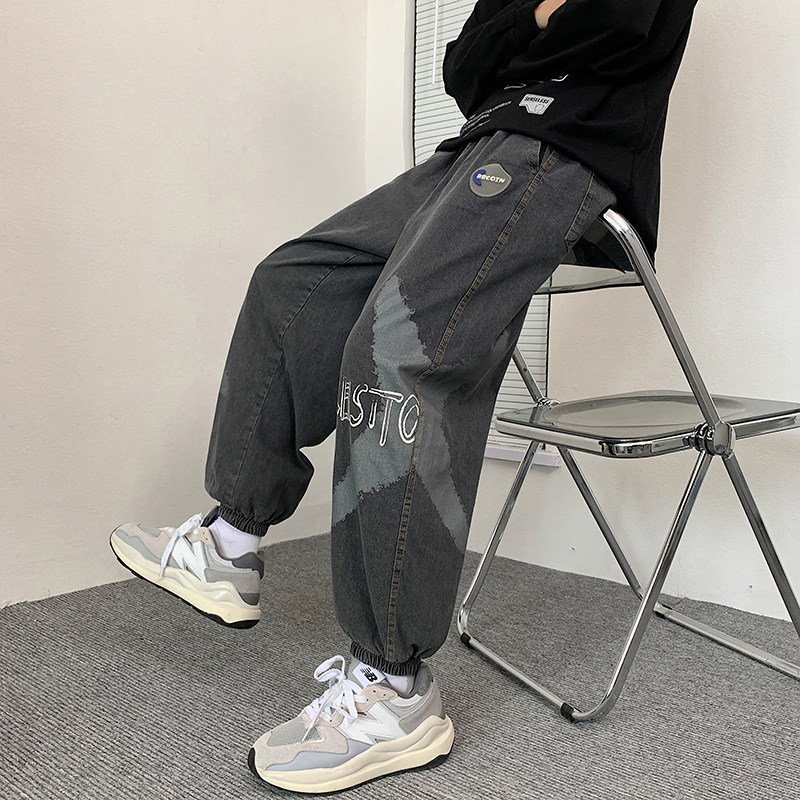 2021港风男牛仔裤字母印花十字架束脚裤九分裤nk8027 P50图片