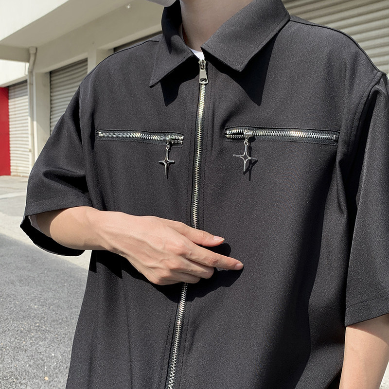 港风夏款男短袖衬衫工装拉链口袋休闲衬衫CS1268P45,男装衬衫,星座1013-1