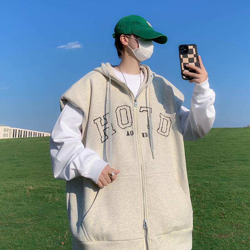 港风秋款男夹克连帽背心无袖坎肩字母印花卫衣休闲外套MJ150 P40图片
