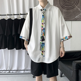 港风夏男短袖衬衫涂鸦印花休闲衬衣送花领带CS120P35，男装衬衫，星座1013-1