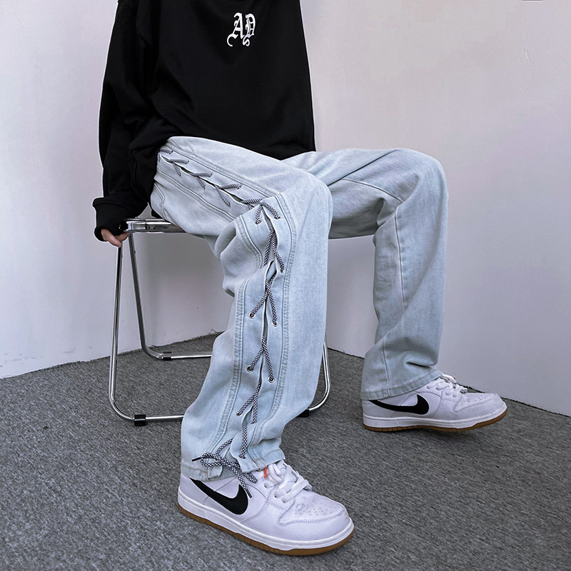 2021港风秋冬款男牛仔裤织带直筒宽松休闲裤n,男装牛仔裤,星座1013-1