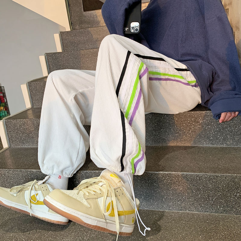 2022港风春款男灯芯绒裤三条杠条纹休闲抽绳九分裤h7038,男装休闲裤,星座1013-1