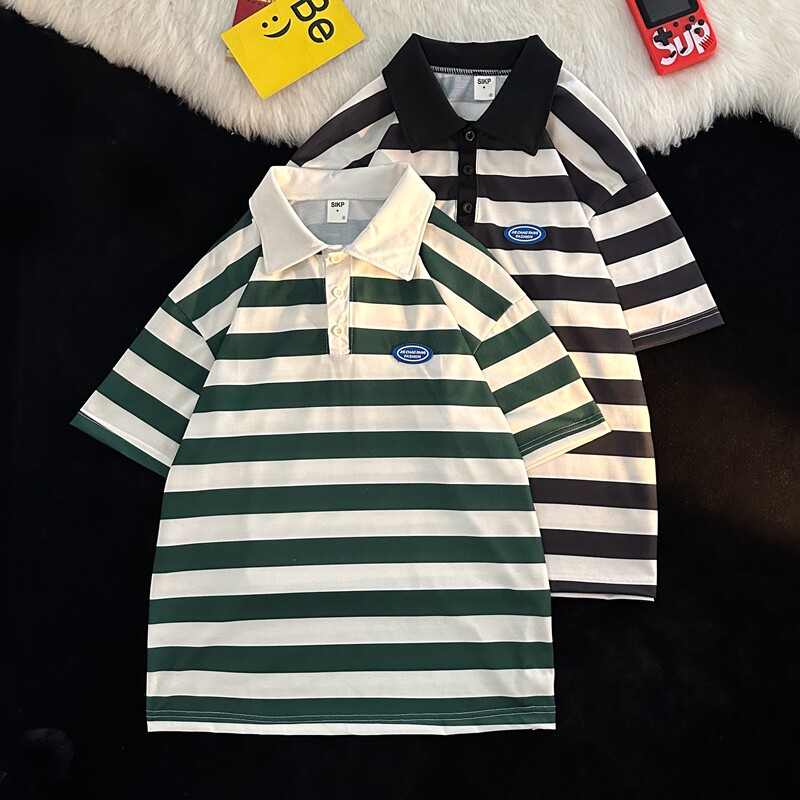 港风夏款男短袖POLO衫海魂衫条纹拼接休闲T恤衫T79P35,男装T恤,星座1013-1
