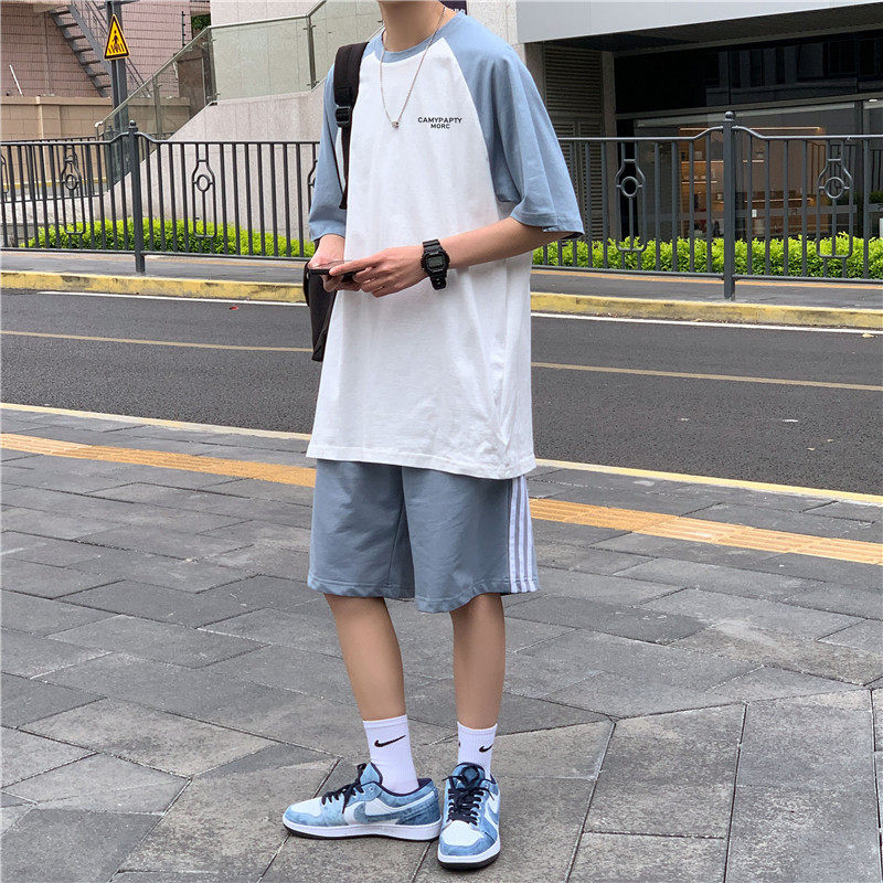 港风运动套装男条纹短T恤情侣字母休闲短裤两件套TZ319P40，男装休闲套装，星座1013-1