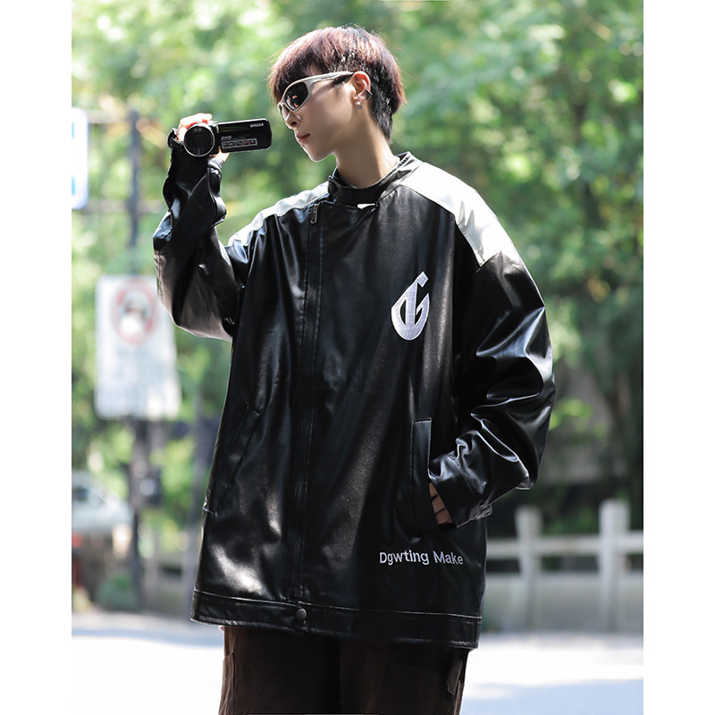 秋款男PU皮衣立领机车字母印花拼色拉链皮夹克外套JK9260P75,男装皮衣,星座1013-1