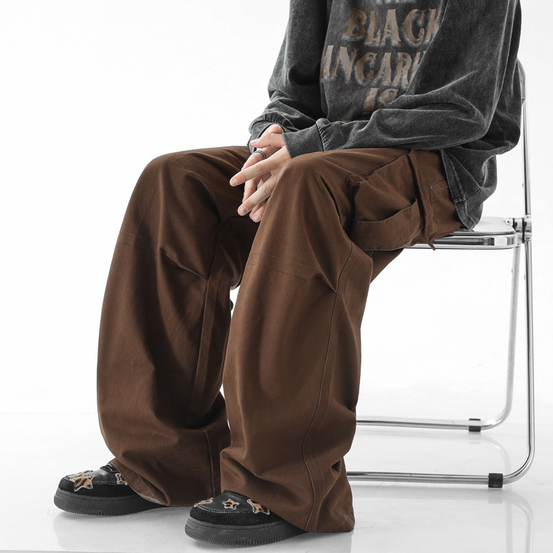 港风秋款男裤工装大口袋老爹宽松直筒休闲纯棉长裤h007 P50图片
