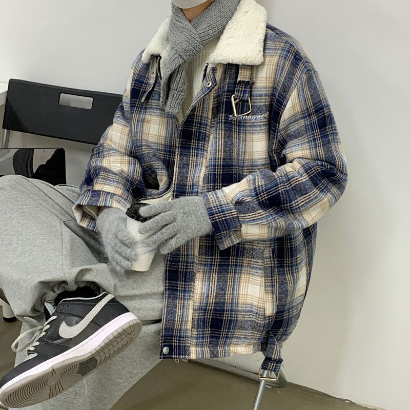 港风男棉衣羊羔毛条纹格子宽松棉服加绒加厚外套棉袄M02,男装棉衣,星座1013-1