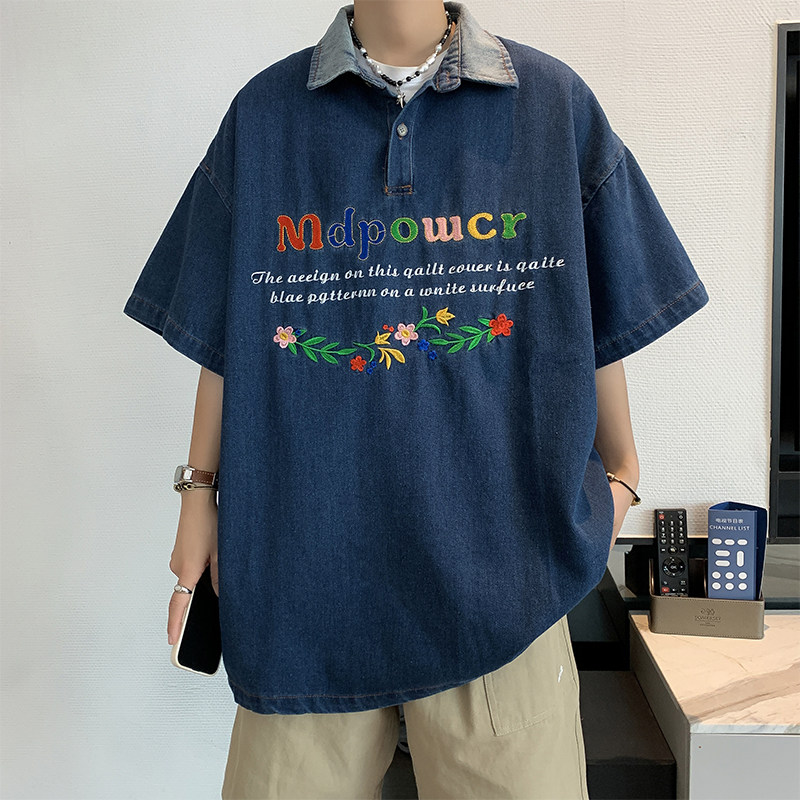 高品质夏款男短袖牛仔POLO衫字母鲜花刺绣潮T恤衫T5003 P50图片