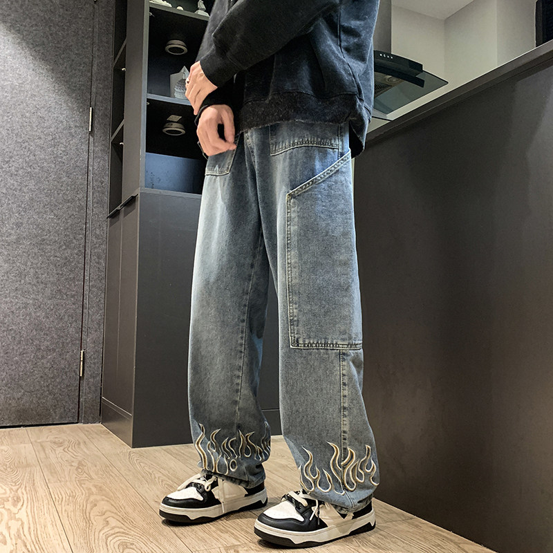2023港风春款男工装牛仔裤火光刺绣印花直筒宽松长裤n,男装牛仔裤,星座1013-1