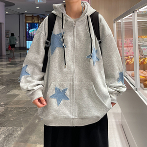 港风秋款男卫衣连帽五角星拼接宽松休闲外套wy231 P55图片