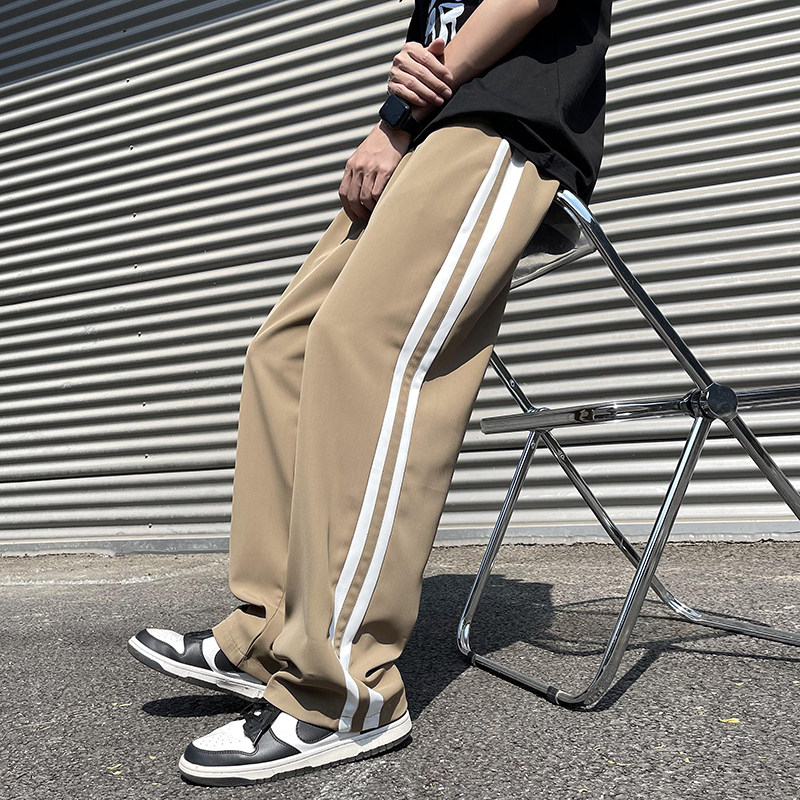 港风夏款男裤双杠条纹拼接西裤坠感宽松直筒长裤h929P40,男装休闲裤,星座1013-1