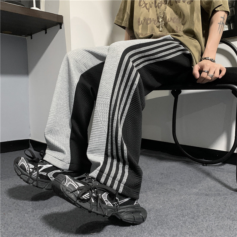 港风夏款男休闲裤条纹拼色褶皱直筒宽松卫裤h2531 P40图片
