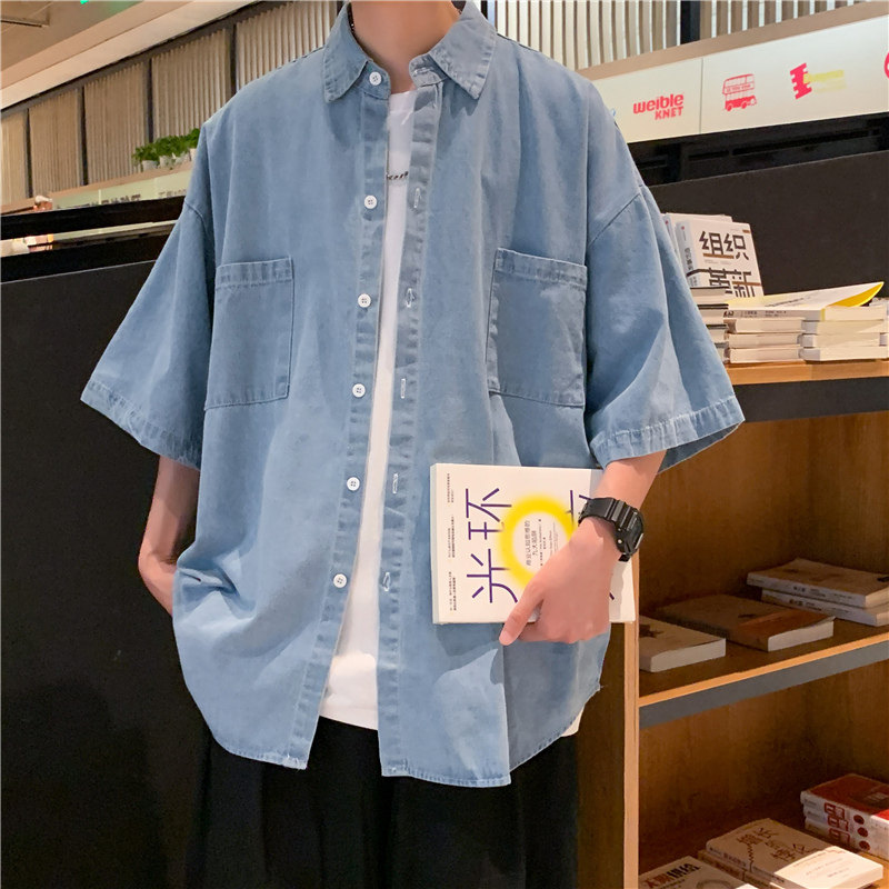 夏款男短袖牛仔宽松衬衫韩版贴标百搭衬衣CS603 P36图片
