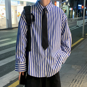 港风秋款男长袖衬衫条纹拼接休闲韩版青少年衬衣CS09 P35图片