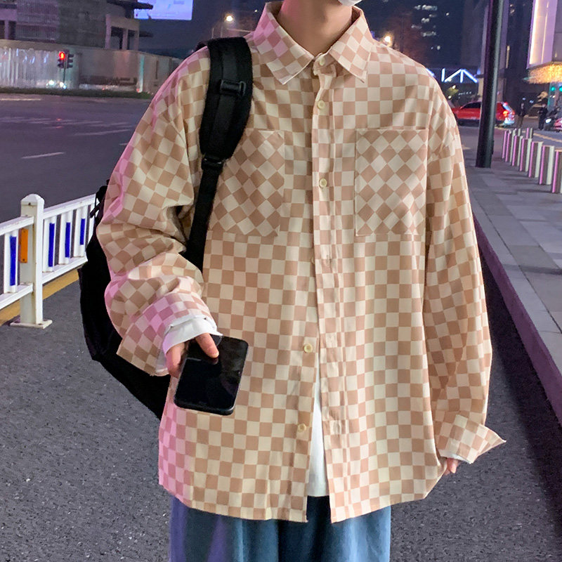 港风秋款男长袖衬衫棋盘格方格条纹拼接衬衣休闲外套CS2210P35,男装衬衫,星座1013-1