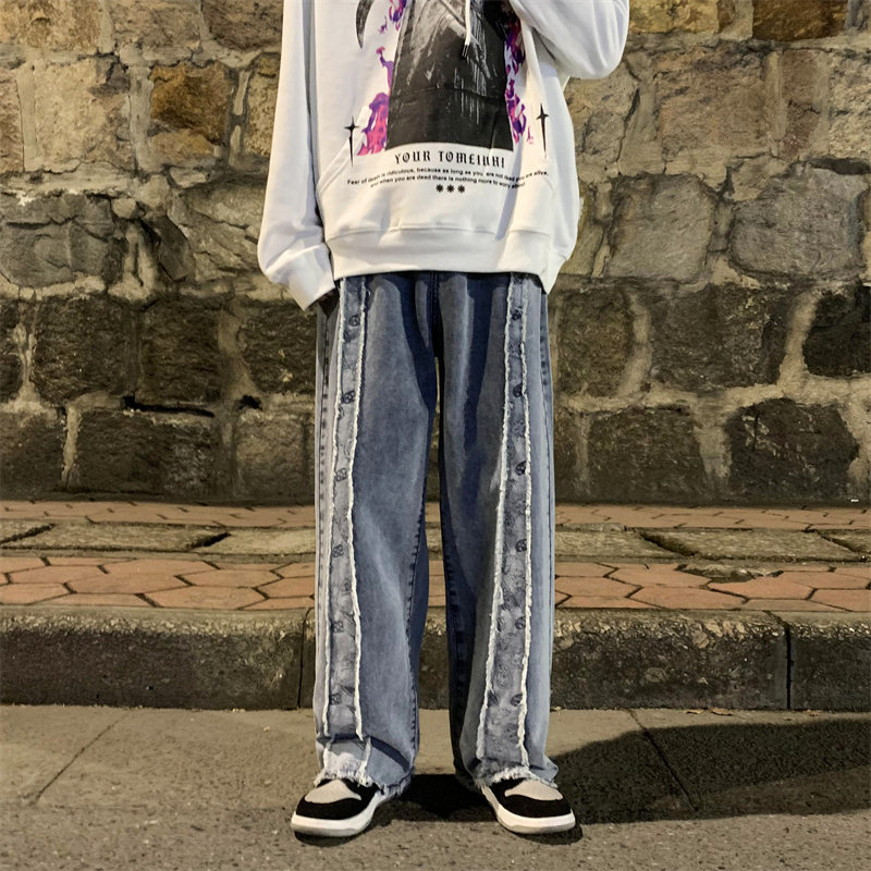 港风春款男牛仔裤腰果印花拼接直筒宽松毛边长裤n,男装牛仔裤,星座1013-1
