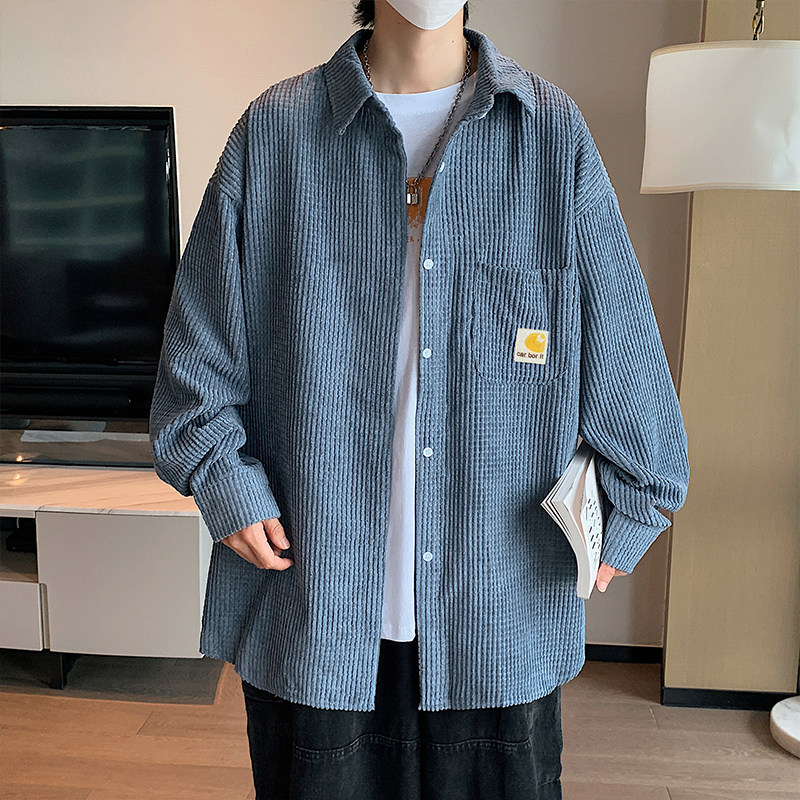 秋款男长袖衬衫华夫格条纹格小贴标韩版百搭休闲衬衣CS7050图片