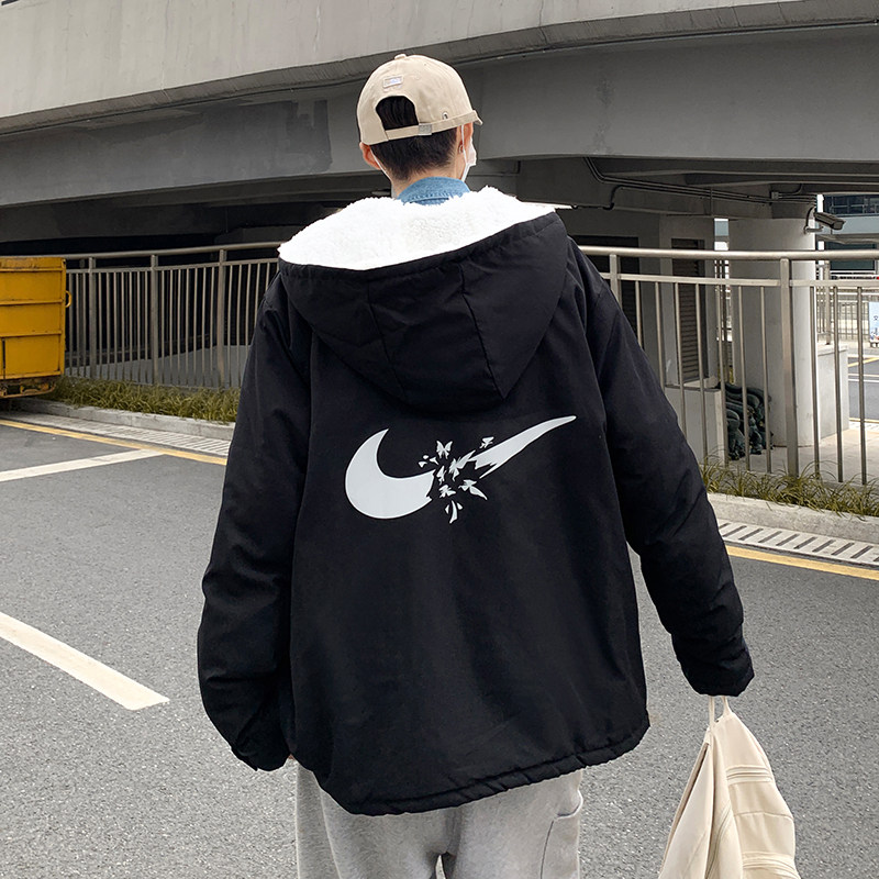 冬男棉衣连帽羊羔毛反光图案工装大口袋加绒加厚棉袄外套Y711图片