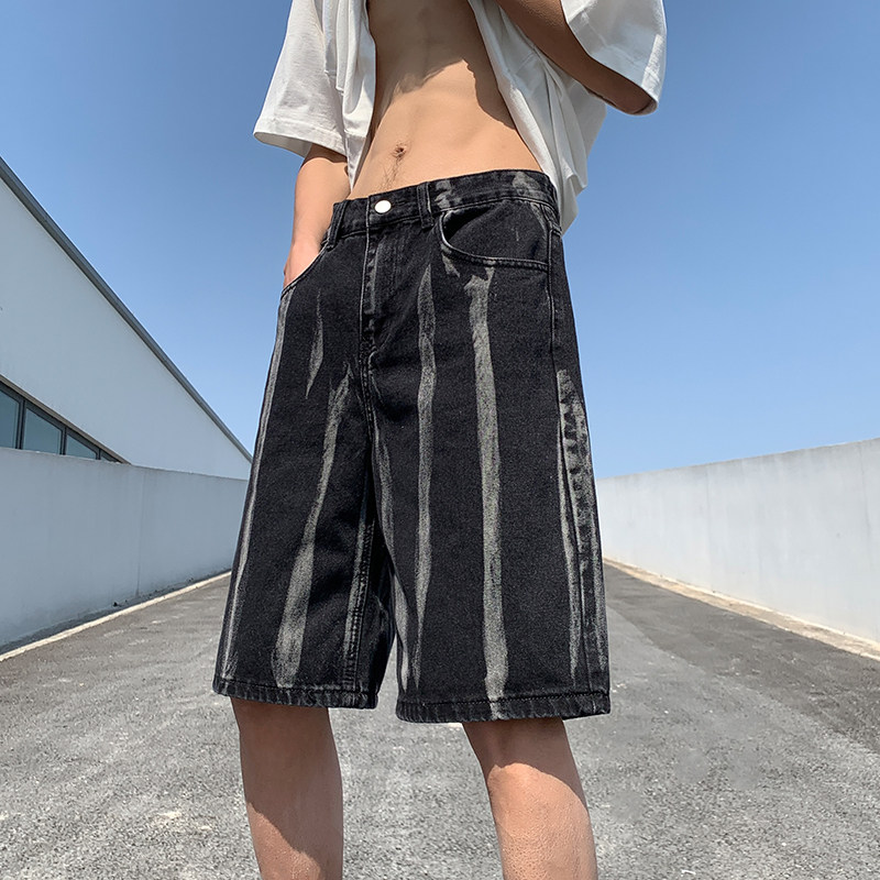 港风夏款男牛仔短裤扎染条纹休闲五分马裤裤D8039P40,男装牛仔裤,星座1013-1