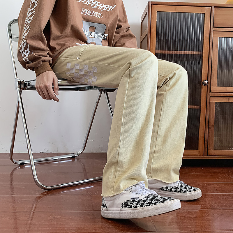 港风秋款男牛仔裤棋盘格刺绣小脚直筒流苏休闲长裤n,男装牛仔裤,星座1013-1