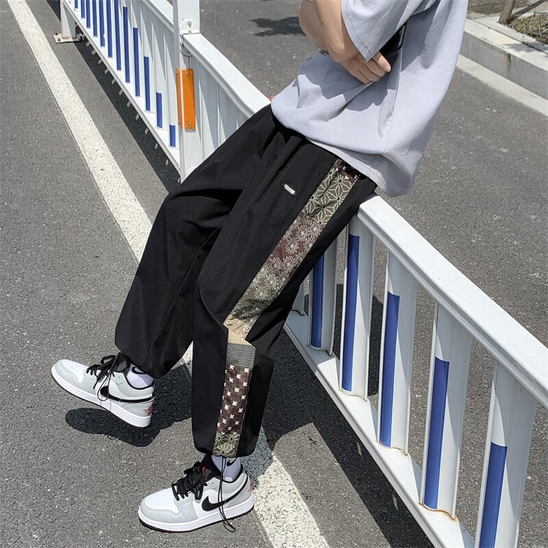 夏款男直筒宽松腰果印花拼接裤休闲九分裤h250图片