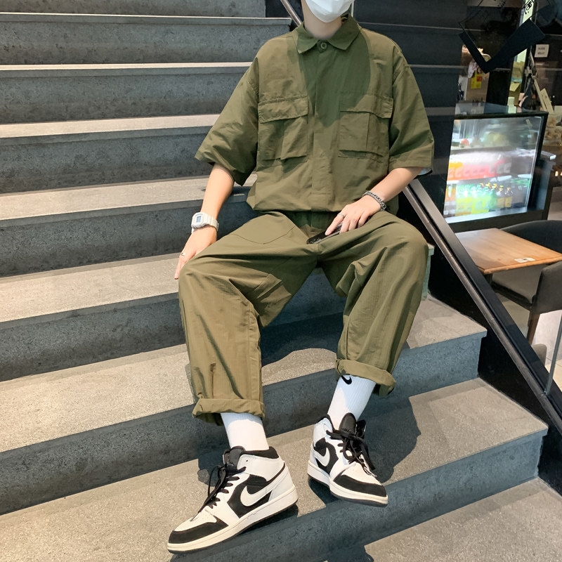 港风夏款男复古工装连体衣套装潮牌短袖腰带连体裤X923P60,男装休闲套装,星座1013-1