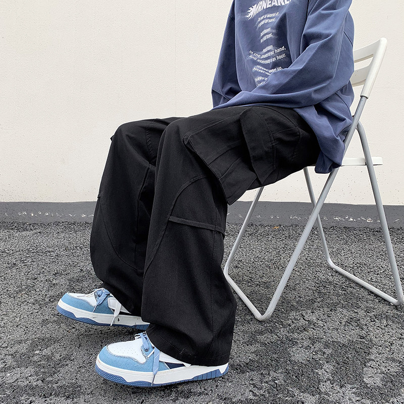 2023港风春款男裤工装裤大口袋拼接款宽松直筒长裤h521P45,男装休闲裤,星座1013-1