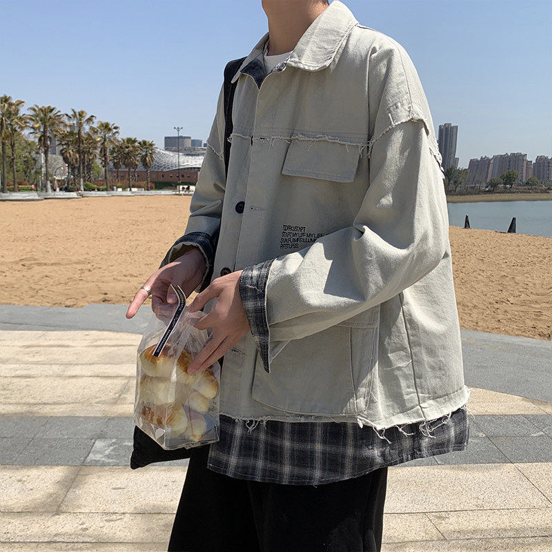 港风秋男工装大口袋夹克衫假两件格子拼接外套JK932  P55图片