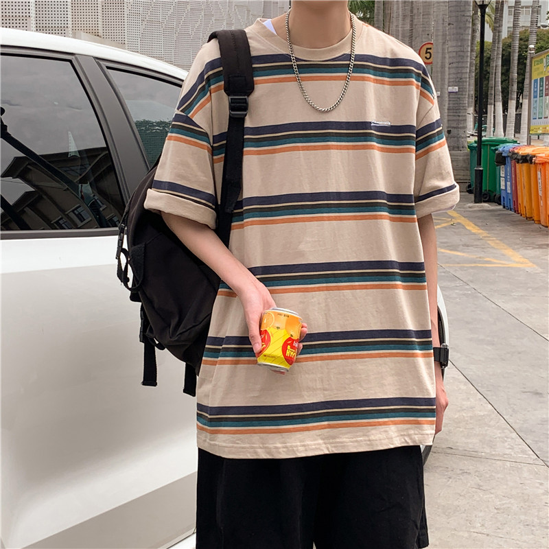 港风夏短袖T恤字母印花条纹宽松百搭五分T恤衫T326P25,男装T恤,星座1013-1