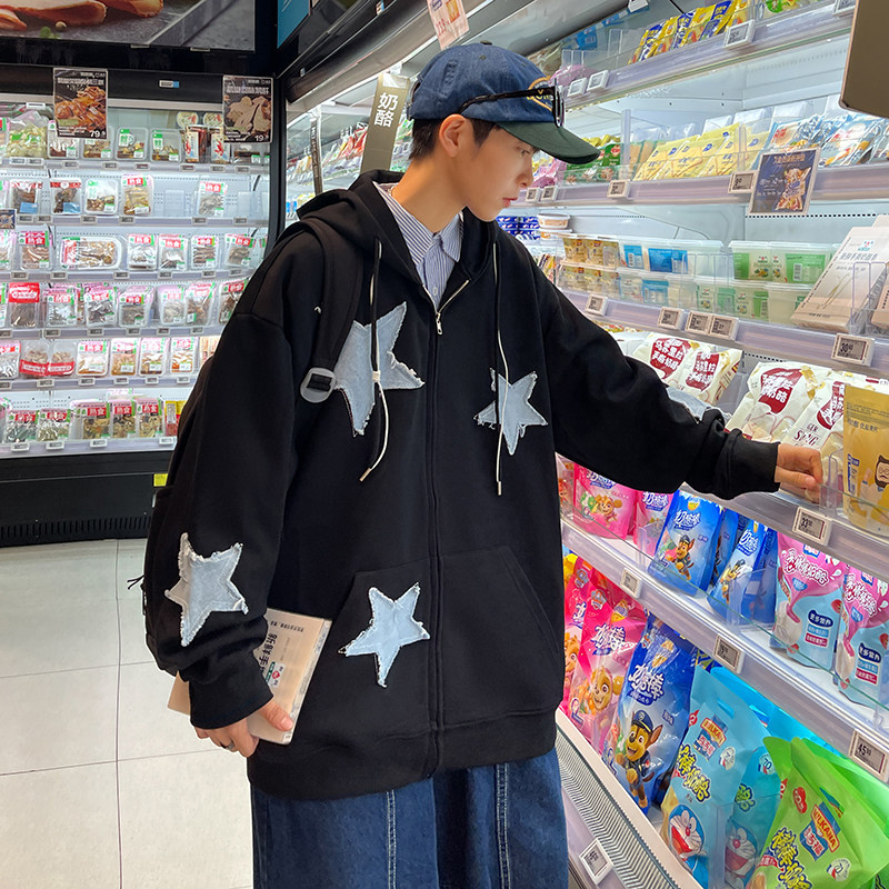 港风秋款男卫衣连帽五角星拼接宽松休闲外套wy231P55,男装夹克,星座1013-1