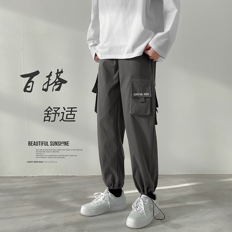 春夏款男工裝褲大口袋潮百搭休閒抽繩九分褲