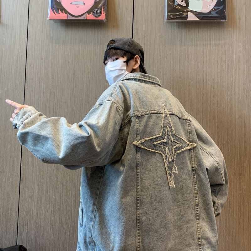 秋款男牛仔夹克衫字母印花五角星补丁拼接休闲外套JK2112P65,男装夹克,星座1013-1