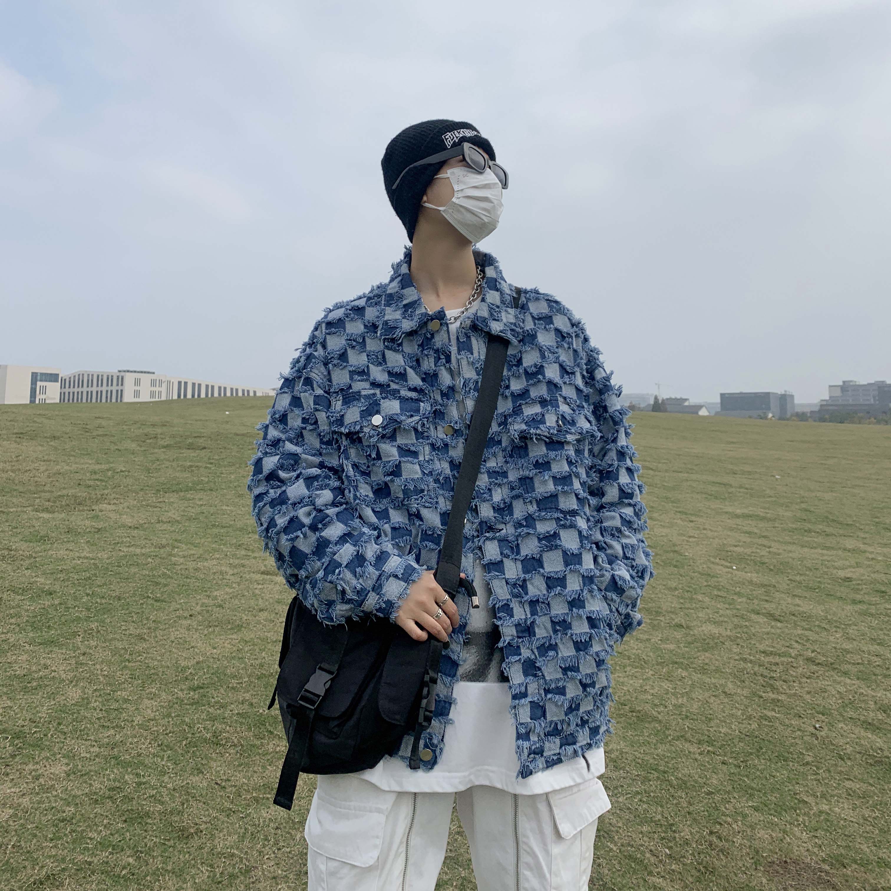 高品质秋款男牛仔夹克衫棋盘格拼接流苏外套JK28P75,男装夹克,星座1013-1
