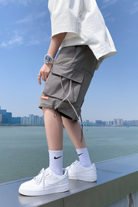 港风夏款男短裤工装裤贴标抽绳宽松短裤D33 P35图片