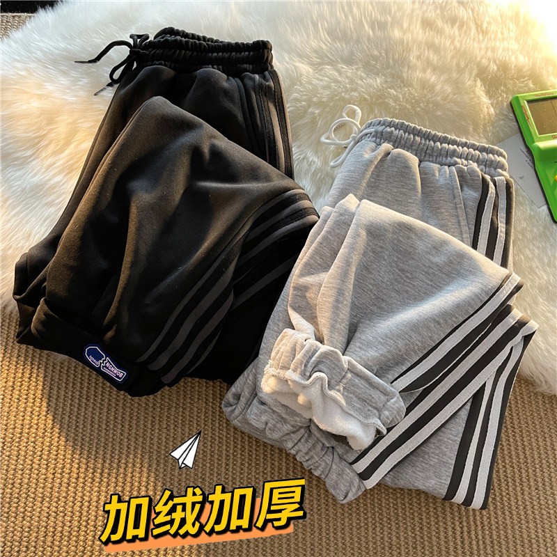 加绒加厚冬款男束脚卫裤三条杠直筒魔术贴休闲裤h374,男装休闲裤,星座1013-1
