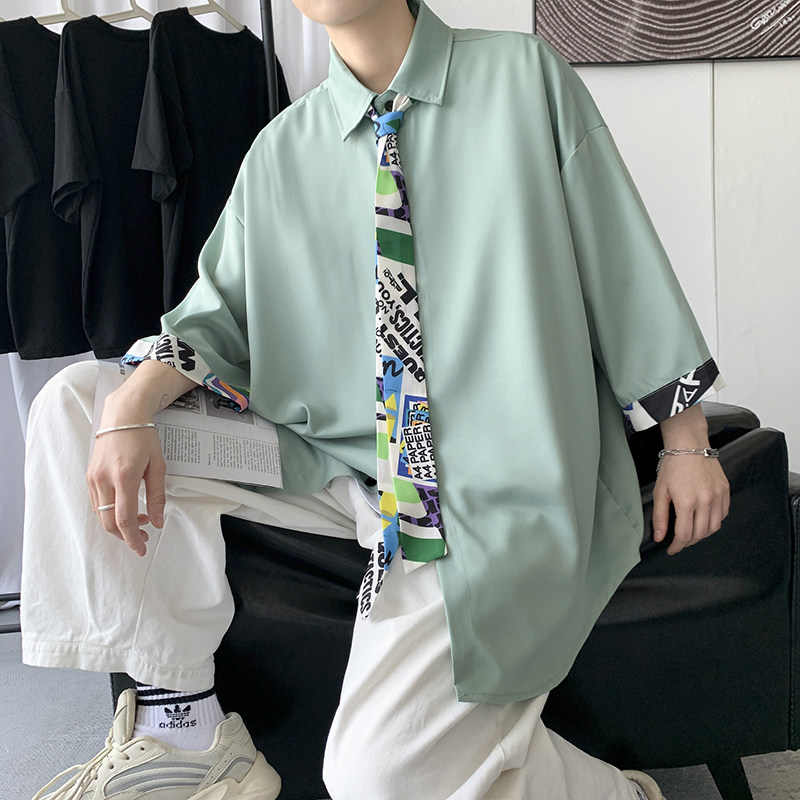 港风夏男短袖衬衫涂鸦印花休闲衬衣送花领带CS120 P35图片
