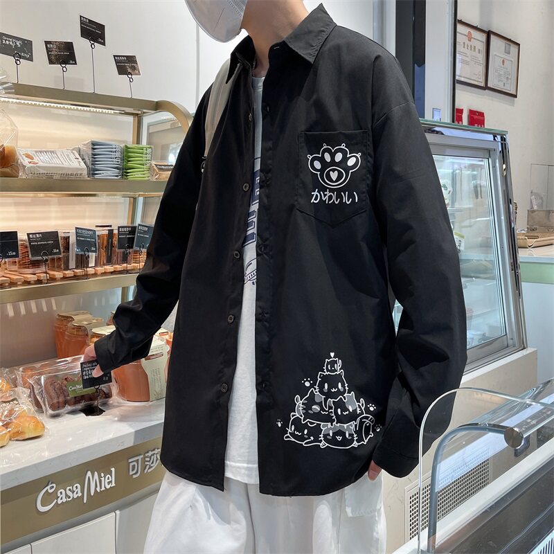 2022港风春款男休闲长袖衬衫卡通猫咪动物印花衬衣CS001,男装衬衫,星座1013-1