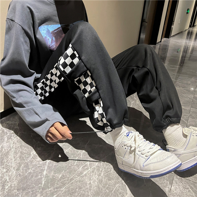 港风冬款男休闲束脚裤加绒加厚棋牌格拼接工装九分裤h384,男装休闲裤,星座1013-1