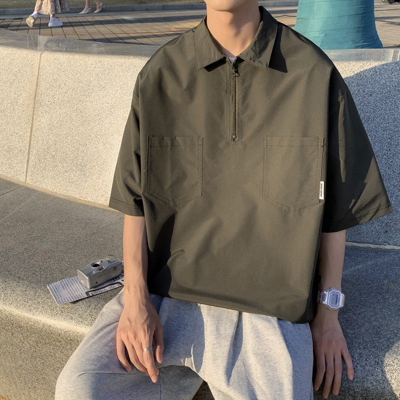港风夏款男短袖T恤工装口袋拉链衬衫外套T恤衫T04P35,男装T恤,星座1013-1