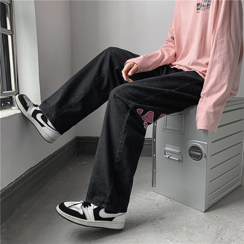 2021港风秋款男牛仔裤字母印花直筒宽松九分裤nk883P35,男装牛仔裤,星座1013-1