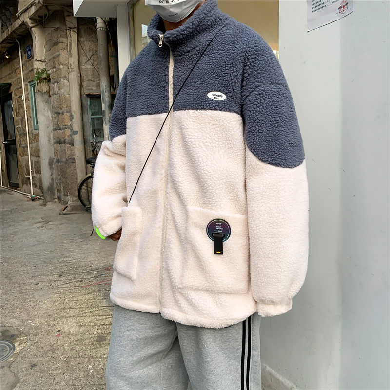 港风冬款男棉衣立领保暖羊羔毛拼接棉袄拼接贴标外套Y225图片