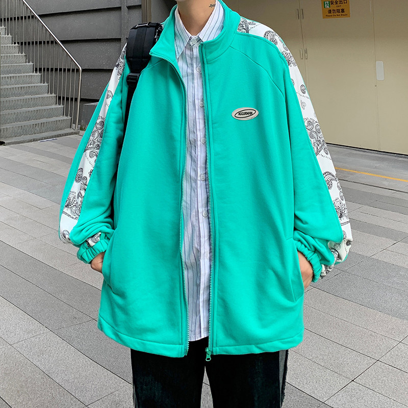2021港风秋男夹克开衫腰果印花拼接拉链运动卫衣外套J,男装夹克,星座1013-1