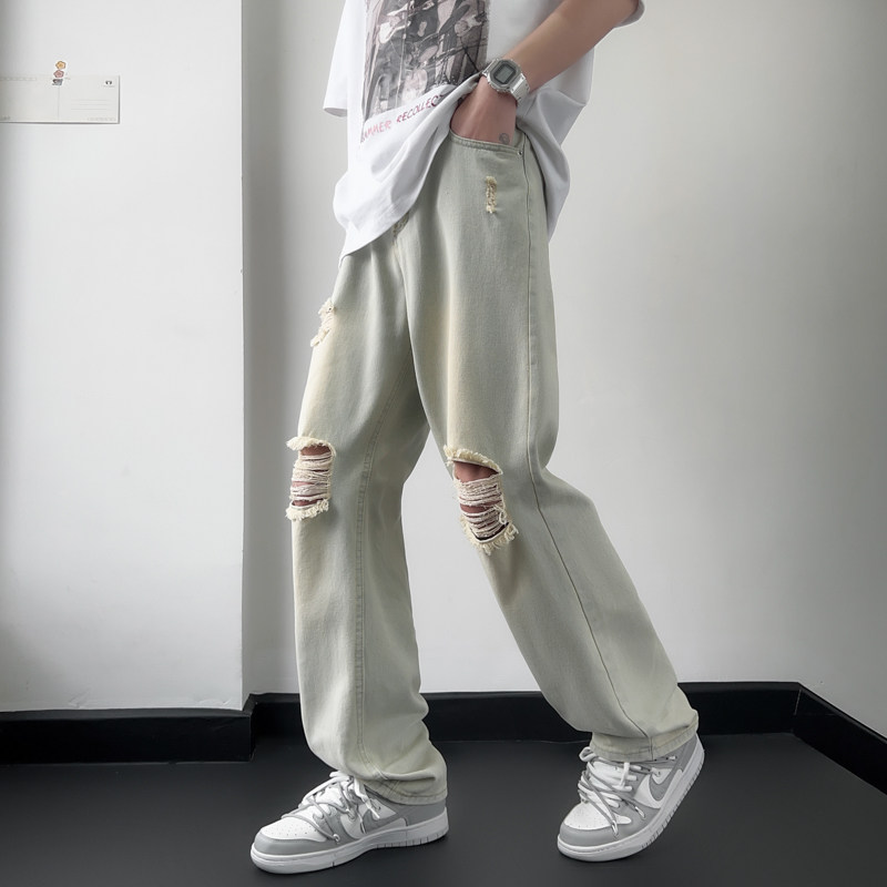 港风夏款男牛仔裤膝盖破洞黄泥色直筒宽松休闲裤nk3001P45,男装牛仔裤,星座1013-1